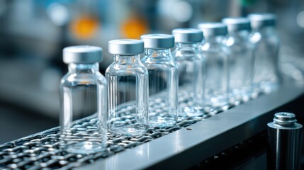A stunning image of medical vials move on conveyor belt in pharmaceutical factory, glass bottles on automated line. Concept of pharma, medicine, industry, production.