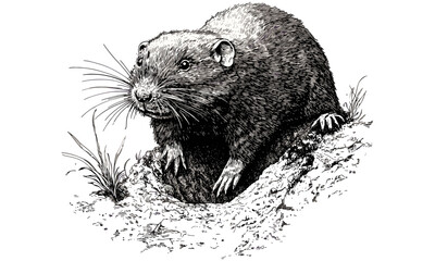 Hand-drawn Wildlife Illustration, Mole Digging Underground, Vintage Earth Fauna Etching, Rustic Nature Drawing, Monochrome Animal Line Art, old engraving style, black sketch,