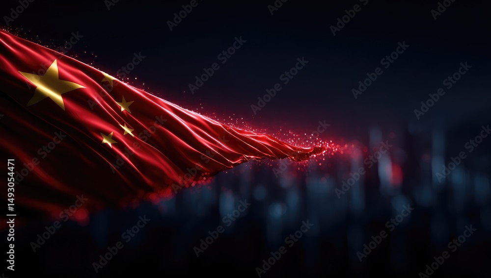 Poster dynamic 3d render of the chinese flag with flowing fabric and glowing particles against dark backgro