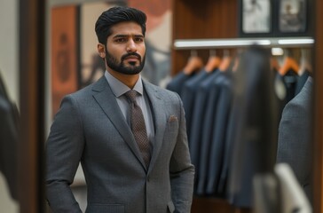 Fototapeta premium A handsome Indian man in his late 30s trying on a luxurious grey suit in front of a mirror inside a modern men clothing store