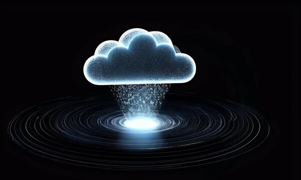 A glowing cloud icon surrounded by circular ripples on a black background, symbolizing the concept of cloud computing and data transfer between clouds,