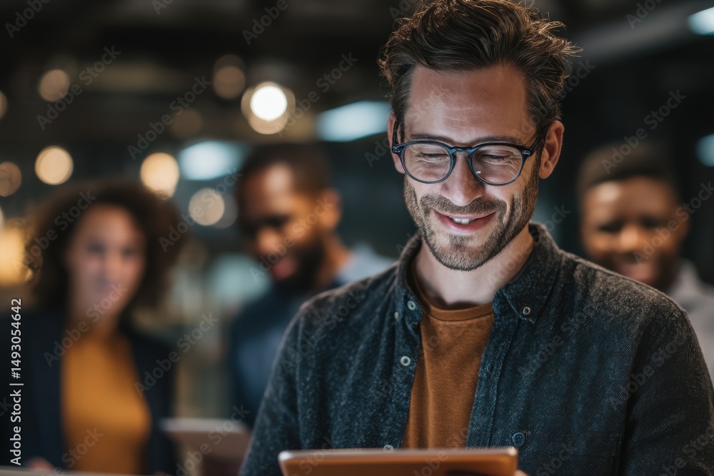Aufkleber smiling man using tablet with coworkers in background, representing modern workplace collaboration a