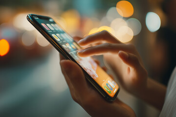 Photography of woman using smartphone at night city lights blurred background