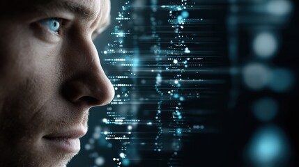 A man intently observes a digital DNA strand, symbolizing the fusion of technology and human genetics.