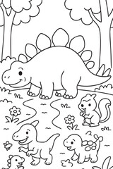 Cute Cartoon Dinosaurs in Prehistoric Landscape for Coloring Book