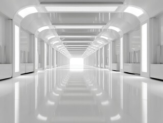 Futuristic all white corridor perspective view with bright lights, clean design, modern architecture, sterile environment, abstract concept