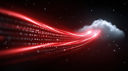 Obraz premium A glowing red data stream flows toward a cloud on a dark background, symbolizing cloud computing and digital data transfer.