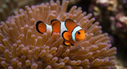A clownfish rests within a vibrant sea anemone
