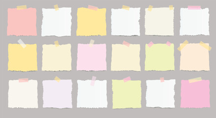 Large set of realistic paper torn pieces with adhesive tape and shadow on transparent background.