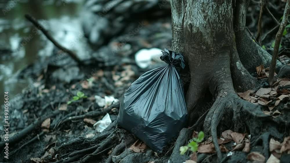 Poster a close-up of a trash bag stuck in the roots of an ancient tree, highlighting the deep impact of pol