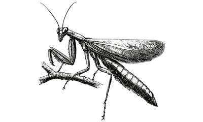 Hand-drawn insect line art, vintage mantis engraving on branch, monochrome rustic wildlife etching, old engraving style, black sketch, nature fauna print, entomological illustration,