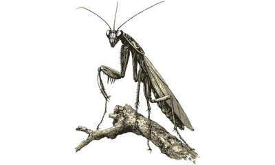Vintage monochrome engraving of mantis perched on branch, hand-drawn insect line art, rustic wildlife etching, nature fauna print, old engraving style, entomological illustration, black sketch,