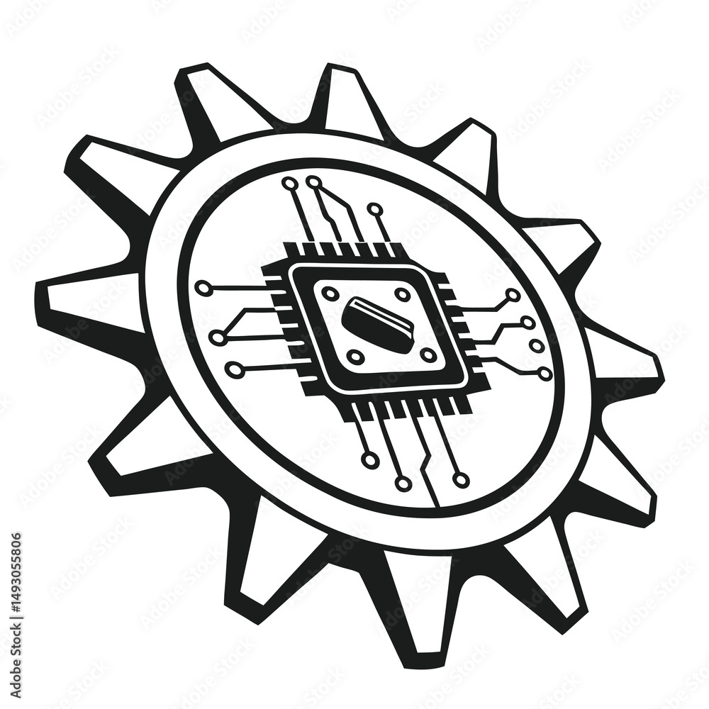 Aufkleber conceptual illustration of technology integration featuring a gear with a microchip
