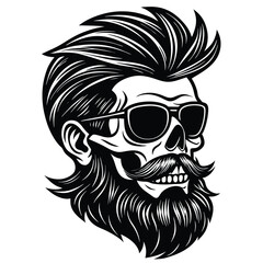 Obraz premium Skull with Slicked-Back Hair, Sunglasses, and Beard Vintage Illustration