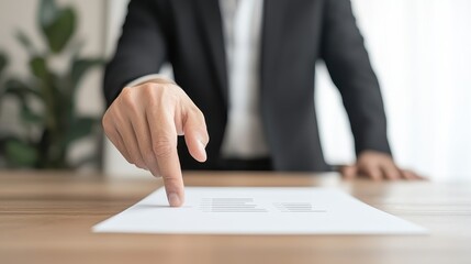 A close-up image showing a businessman pointing at a document on a wooden desk, emphasizing the importance of communication and decision-making in a professional environment.