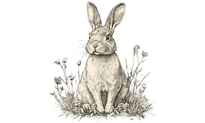 Rabbit sitting in meadow, monochrome vintage engraving, rustic animal line art, hand-drawn fauna illustration, black sketch nature print, old engraving style, wildlife decor, trendy rustic art