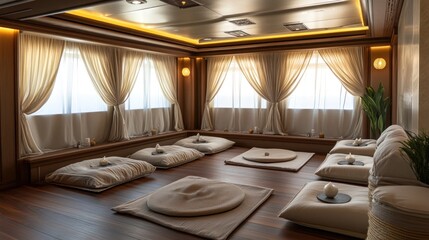 Luxurious meditation room aboard a yacht.  Spacious, serene, and minimalist design with plush seating and large windows