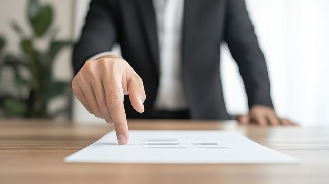 A close-up image showing a businessman pointing at a document on a wooden desk, emphasizing the importance of communication and decision-making in a professional environment.