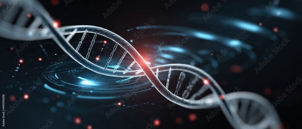 Poster a digital rendering of a dna double helix with glowing elements, representing genetics and biotechno
