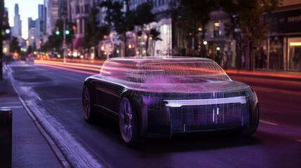 Futuristic electric vehicle on city street at night.  Advanced technology and connectivity visualized
