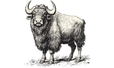 Traditional Engraving Style Musk Ox, Calm Standing Pose, Vintage Natural Illustration, Black Sketch, Northern Wildlife Art, Rustic Wall Print, monochrome fur texture, classic animal engraving art