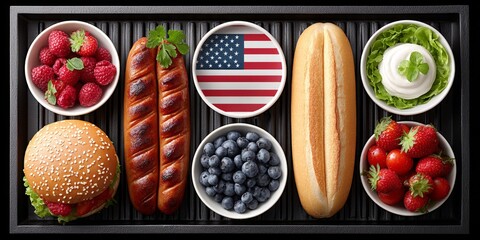 A barbecue grill filled with red white and blue themed food items