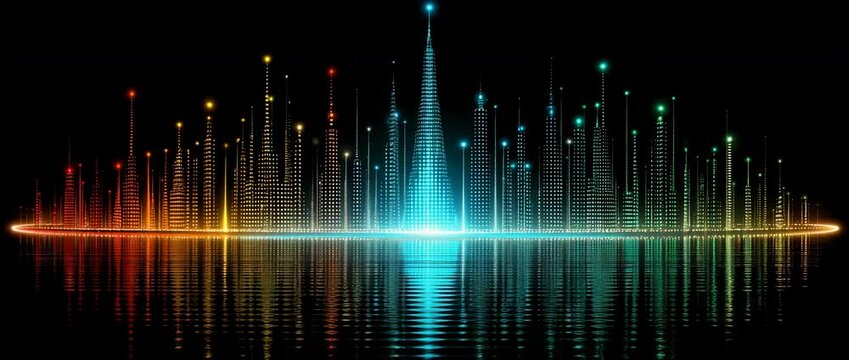 Futuristic city lights loop with rainbow city reflection, rainbow city reflection futuristic city lights animation, glowing futuristic city lights motion background