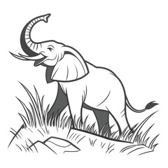 Grayscale African Elephant with Curved Trunk in Grassy Terrain Illustration