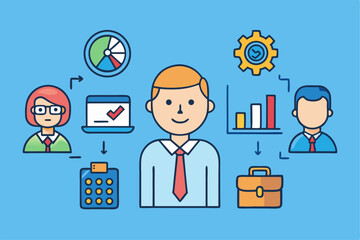 Business technology icons: diverse business people with computers, phones, and network symbols illustrate modern communication concepts