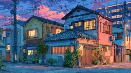 A stunning image of japanese tokyo city town in the evening. houses at the street. anime comics artstyle. cozy lofi asian architecture. 16:9 4k resolution.