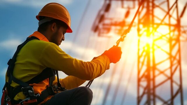 A close-up silhouette of an electrician securing his safety harness while perched high on a steel lattice, symbolizing skill and endurance.