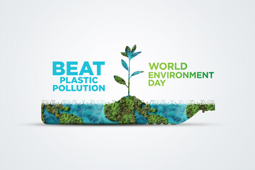 Fototapeta na wymiar #BeatPlasticPollution, World Environment day concept 2025 3d tree background. 