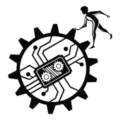 Human figure reaches for technology gear, representing progress and advancement