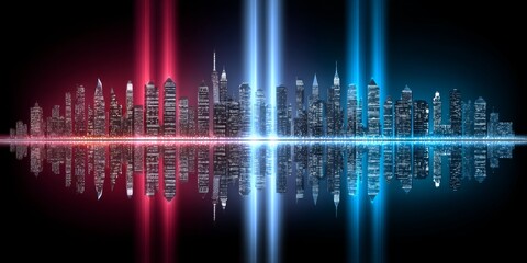 Fototapeta premium A city skyline lit up with red white and blue lights for a national holiday
