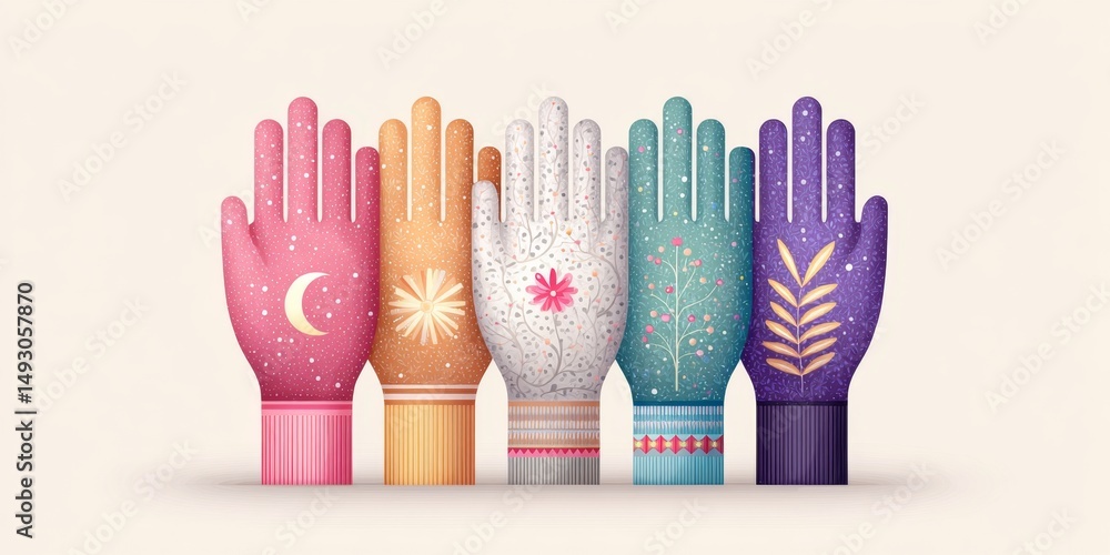 Poster a colorful 2d design showing symbols of different cultures joining hands