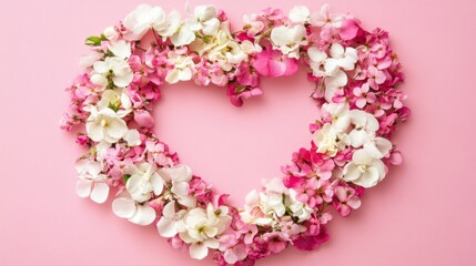 Obraz premium Floral Heart on Pink Background Flat Lay Romantic Valentine's Day Celebration White and Pink Flowers Love Symbol