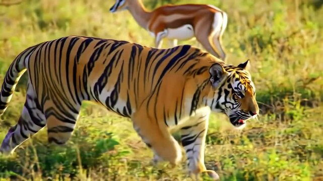 Tiger Hunting in Tall Grass at Sunset &ndash; Intense Wildlife Action Scene