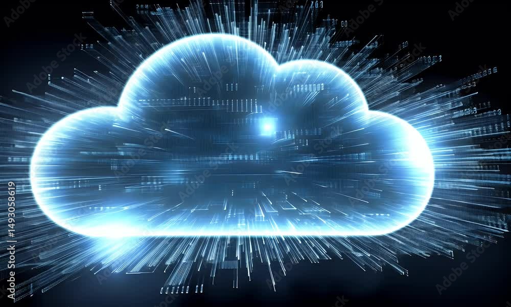 Poster a glowing cloud icon surrounded by circular ripples on a black background, symbolizing the concept o