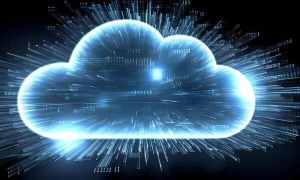 A glowing cloud icon surrounded by circular ripples on a black background, symbolizing the concept of cloud computing and data transfer between clouds,