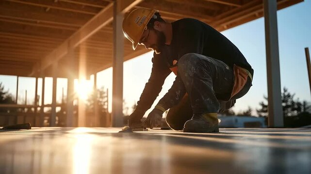 A construction worker carefully measuring and installing EPS insulation sheets on a concrete subfloor, with an elegant wooden beam ceiling and bright natural light.