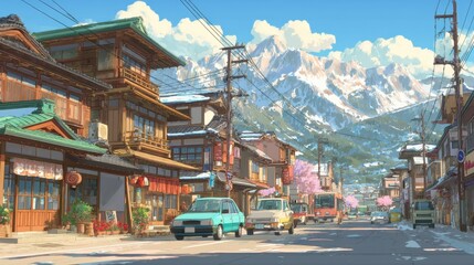 Fototapeta premium A stunning image of sunny Japanese Street with Mountain Background in Anime Style, Cozy Detailed Buildings and Cars Driving, High Resolution Digital Art.