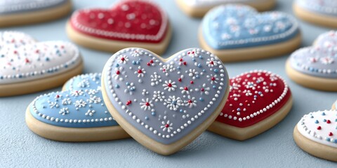 A heart-shaped cookie decorated with red white and blue icing