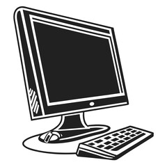 Monochrome illustration of a desktop computer, keyboard, and mouse setup