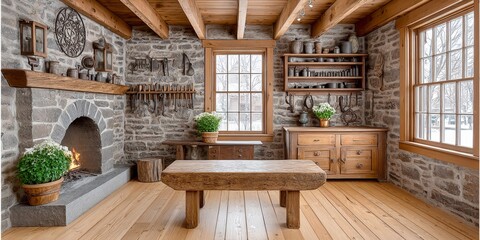 A historical blacksmith shop in operation with sparks flying and tools on the wall