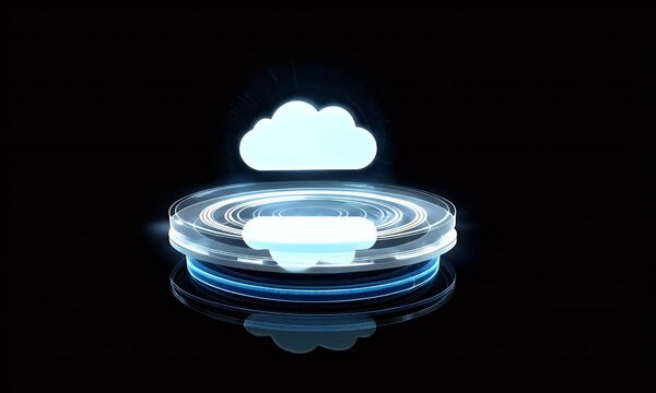 A glowing cloud icon surrounded by circular ripples on a black background, symbolizing the concept of cloud computing and data transfer between clouds,