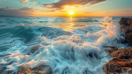 Majestic ocean waves crash against rocky shores under a vibrant sunset sky, creating a dramatic and beautiful coastal scene.