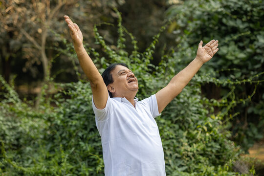 Indian senior man spreading hands at park. 
Concept of successful, confident healthy senior and wellness, elder enjoying after after retirement