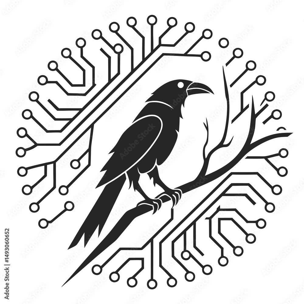 Aufkleber raven perched on branch inside a stylized computer circuit board design