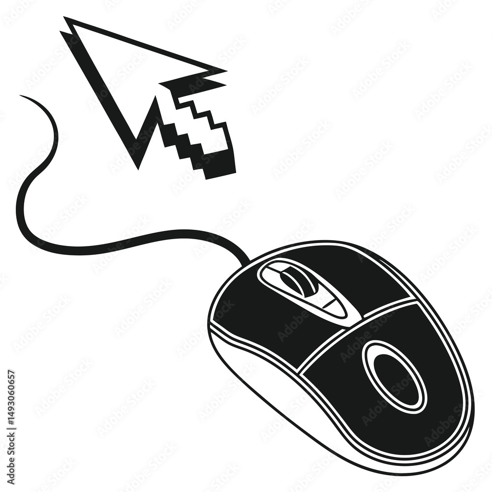 Aufkleber retro computer mouse with cursor symbol in black and white style