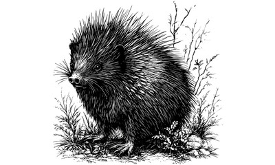 Porcupine in forest, hand-drawn vintage animal illustration, monochrome wildlife line drawing, rustic nature etching, old engraving style, scientific animal sketch, forest fauna print, trendy wall art